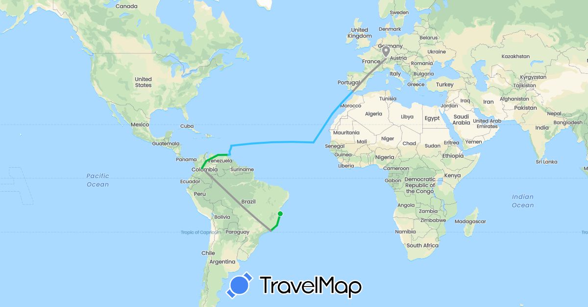 TravelMap itinerary: driving, bus, plane, boat in Brazil, Switzerland, Colombia, Cape Verde, Spain, France, Grenada, Saint Lucia, Trinidad and Tobago, Saint Vincent and the Grenadines, Venezuela (Africa, Europe, North America, South America)